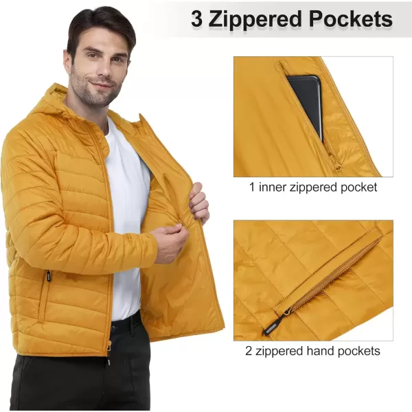 imageOutdoor Ventures Mens Lightweight Packable Hooded Puffer Jacket Insulated Winter Coat for Snow Ski TravelingYellowfold in Pocket