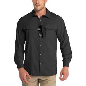 imageOutdoor Ventures Mens UPF 50 UV Sun Protection Shirt Long Sleeve Hiking Fishing Shirt Cooling Quick Dry for Safari TravelBlack