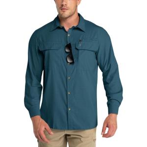 imageOutdoor Ventures Mens UPF 50 UV Sun Protection Shirt Long Sleeve Hiking Fishing Shirt Cooling Quick Dry for Safari TravelDark Green
