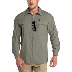 imageOutdoor Ventures Mens UPF 50 UV Sun Protection Shirt Long Sleeve Hiking Fishing Shirt Cooling Quick Dry for Safari TravelGreen Gray