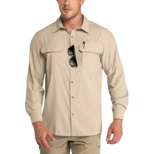 imageOutdoor Ventures Mens UPF 50 UV Sun Protection Shirt Long Sleeve Hiking Fishing Shirt Cooling Quick Dry for Safari TravelKhaki