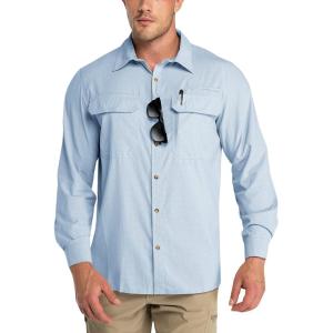 imageOutdoor Ventures Mens UPF 50 UV Sun Protection Shirt Long Sleeve Hiking Fishing Shirt Cooling Quick Dry for Safari TravelLight Blue
