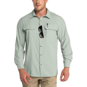 imageOutdoor Ventures Mens UPF 50 UV Sun Protection Shirt Long Sleeve Hiking Fishing Shirt Cooling Quick Dry for Safari TravelLight Green