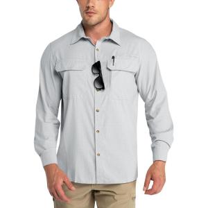 imageOutdoor Ventures Mens UPF 50 UV Sun Protection Shirt Long Sleeve Hiking Fishing Shirt Cooling Quick Dry for Safari TravelLight Grey