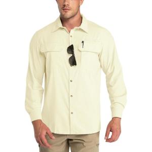imageOutdoor Ventures Mens UPF 50 UV Sun Protection Shirt Long Sleeve Hiking Fishing Shirt Cooling Quick Dry for Safari TravelLight Yellow