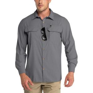 imageOutdoor Ventures Mens UPF 50 UV Sun Protection Shirt Long Sleeve Hiking Fishing Shirt Cooling Quick Dry for Safari TravelStorm Grey