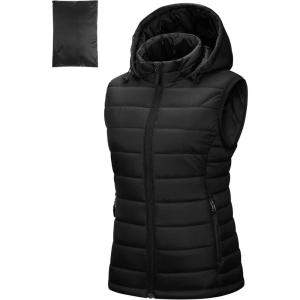 imageOutdoor Ventures Womens Lightweight Packable Hooded Puffer Vest Outerwear Zip Up Warm Sleeveless Winter Jacket Quilted CoatBlack
