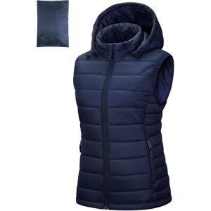 imageOutdoor Ventures Womens Lightweight Packable Hooded Puffer Vest Outerwear Zip Up Warm Sleeveless Winter Jacket Quilted CoatBlue