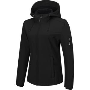 imageOutdoor Ventures Womens Softshell Jacket with Hood Fleece Lined Warm Lightweight Waterproof Insulated WindbreakerBlack