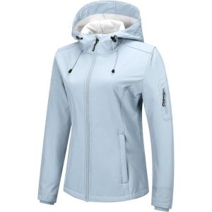 imageOutdoor Ventures Womens Softshell Jacket with Hood Fleece Lined Warm Lightweight Waterproof Insulated WindbreakerLight Blue
