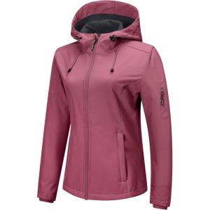 imageOutdoor Ventures Womens Softshell Jacket with Hood Fleece Lined Warm Lightweight Waterproof Insulated WindbreakerPink