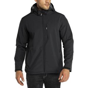 imageOutdoor Ventures Mens Lightweight Softshell Jacket Fleece Lined Hooded Water Resistant Winter Hiking Windbreaker JacketsBlackremovable Hood