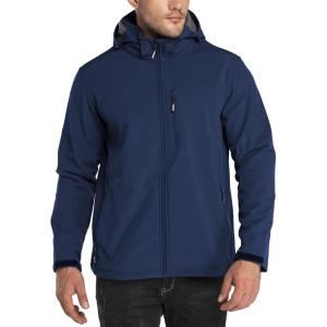 imageOutdoor Ventures Mens Lightweight Softshell Jacket Fleece Lined Hooded Water Resistant Winter Hiking Windbreaker JacketsBlueremovable Hood