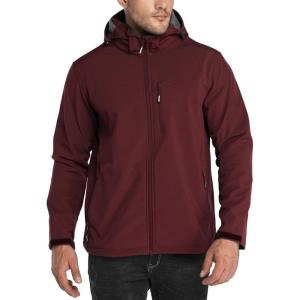imageOutdoor Ventures Mens Lightweight Softshell Jacket Fleece Lined Hooded Water Resistant Winter Hiking Windbreaker JacketsDark Redremovable Hood