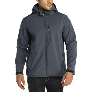 imageOutdoor Ventures Mens Lightweight Softshell Jacket Fleece Lined Hooded Water Resistant Winter Hiking Windbreaker JacketsDimgrey Removable Hood