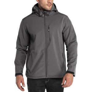 imageOutdoor Ventures Mens Lightweight Softshell Jacket Fleece Lined Hooded Water Resistant Winter Hiking Windbreaker JacketsGreyremovable Hood