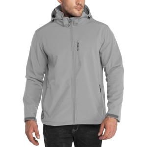 imageOutdoor Ventures Mens Lightweight Softshell Jacket Fleece Lined Hooded Water Resistant Winter Hiking Windbreaker JacketsMid Greyremovable Hood