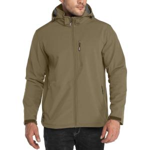 imageOutdoor Ventures Mens Lightweight Softshell Jacket Fleece Lined Hooded Water Resistant Winter Hiking Windbreaker JacketsStone Green Removable Hood