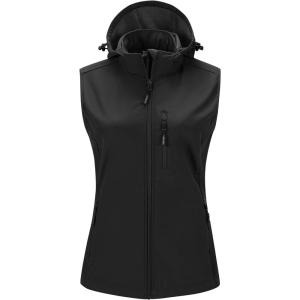 imageOutdoor Ventures Womens Hooded Lightweight Softshell Vest Windproof Fleece Lined Sleeveless Jacket for Golf Running TravelBlack