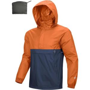 imageOutdoor Ventures Mens Rain Jacket Waterproof Lightweight Packable Rain Pullover for Hiking Golf RunningOrangeDark Blue