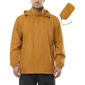 imageOutdoor Ventures Mens Rain Jacket Waterproof Lightweight Packable Rain Shell Raincoat with Hood for Golf Hiking TravelGolden Yellow