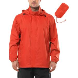 imageOutdoor Ventures Mens Rain Jacket Waterproof Lightweight Packable Rain Shell Raincoat with Hood for Golf Hiking TravelLight Orange Red