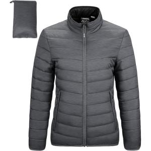 imageOutdoor Ventures Womens Packable FullZip Short Puffer Jacket Insulated Quilted Warm Lightweight Winter CoatDark Grey Heatherfold in Pocket