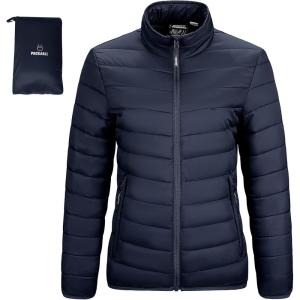 imageOutdoor Ventures Womens Packable FullZip Short Puffer Jacket Insulated Quilted Warm Lightweight Winter CoatDeep Bluefold in Pocket