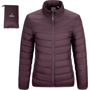 imageOutdoor Ventures Womens Packable FullZip Short Puffer Jacket Insulated Quilted Warm Lightweight Winter CoatEggplantfold in Pocket
