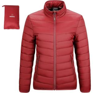 imageOutdoor Ventures Womens Packable FullZip Short Puffer Jacket Insulated Quilted Warm Lightweight Winter CoatRedfold in Pocket