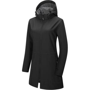 imageOutdoor Ventures Womens Softshell Jacket with Removable Hood Fleece Lined Windbreaker Insulated Long Warm Rain JacketBlack