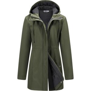 imageOutdoor Ventures Womens Lightweight Waterproof Fleece Lined Hooded Softshell Rain Jacket Warm Windbreaker Long CoatOlive Green