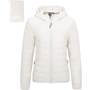imageOutdoor Ventures Womens Packable Lightweight FullZip Puffer Jacket with Hood Quilted Winter CoatCreamfold in Pocket