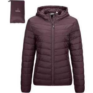 imageOutdoor Ventures Womens Packable Lightweight FullZip Puffer Jacket with Hood Quilted Winter CoatEggplantfold in Pocket
