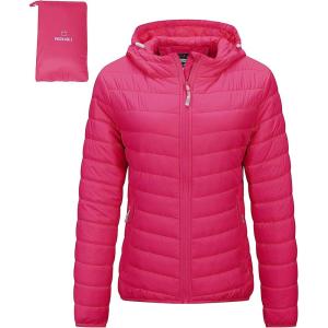 imageOutdoor Ventures Womens Packable Lightweight FullZip Puffer Jacket with Hood Quilted Winter CoatHot Pinkfold in Pocket