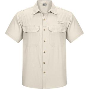 imageOutdoor Ventures Mens Lightweight Short Sleeve Fishing Shirt UPF 50 Button Down Quick Dry Cooling Hiking Travel Safari ShirtKhaki