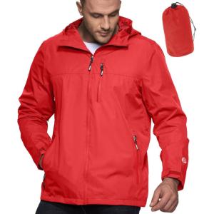 imageOutdoor Ventures Mens Packable Rain Jacket Waterproof Lightweight Raincoat with Hood Windproof Cycling JacketsBright Red