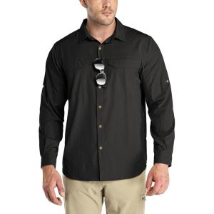 imageOutdoor Ventures Mens UPF 50 UV Sun Protection SPF Hiking Shirt Long Sleeve Lightweight Quick Dry for Safari Travel FishingBlack