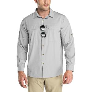 imageOutdoor Ventures Mens UPF 50 UV Sun Protection SPF Hiking Shirt Long Sleeve Lightweight Quick Dry for Safari Travel FishingSilver Grey