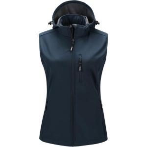 imageOutdoor Ventures Womens Hooded Lightweight Softshell Vest Windproof Fleece Lined Sleeveless Jacket for Golf Running TravelDark Blue