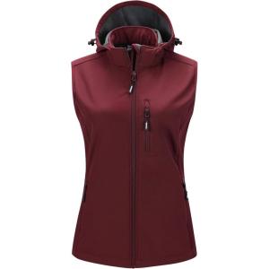 imageOutdoor Ventures Womens Hooded Lightweight Softshell Vest Windproof Fleece Lined Sleeveless Jacket for Golf Running TravelDark Red