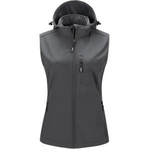 imageOutdoor Ventures Womens Hooded Lightweight Softshell Vest Windproof Fleece Lined Sleeveless Jacket for Golf Running TravelGrey