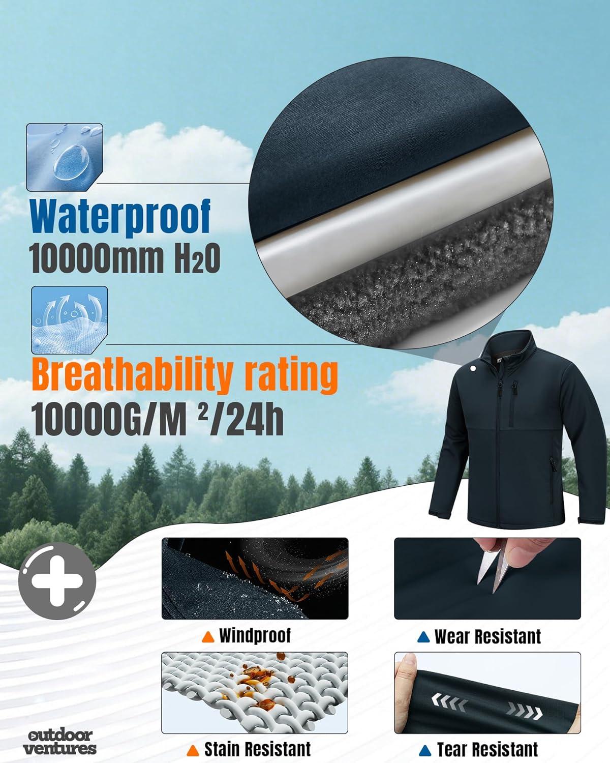 imageOutdoor Ventures Mens Softshell Jacket Waterproof Fleece Lined Rain Shell Jacket Lightweight Windbreaker for Hiking TravelBlue