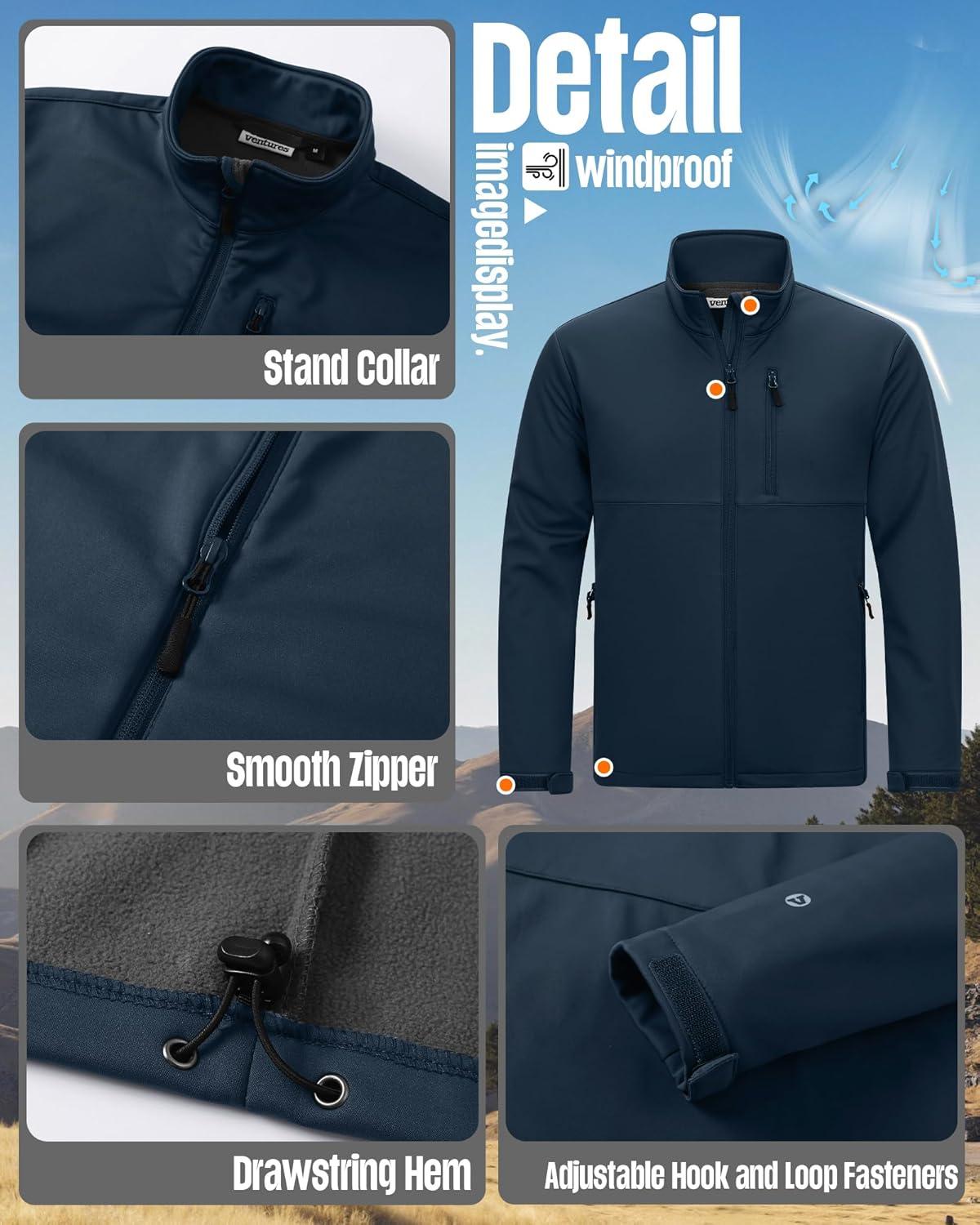 imageOutdoor Ventures Mens Softshell Jacket Waterproof Fleece Lined Rain Shell Jacket Lightweight Windbreaker for Hiking TravelBlue