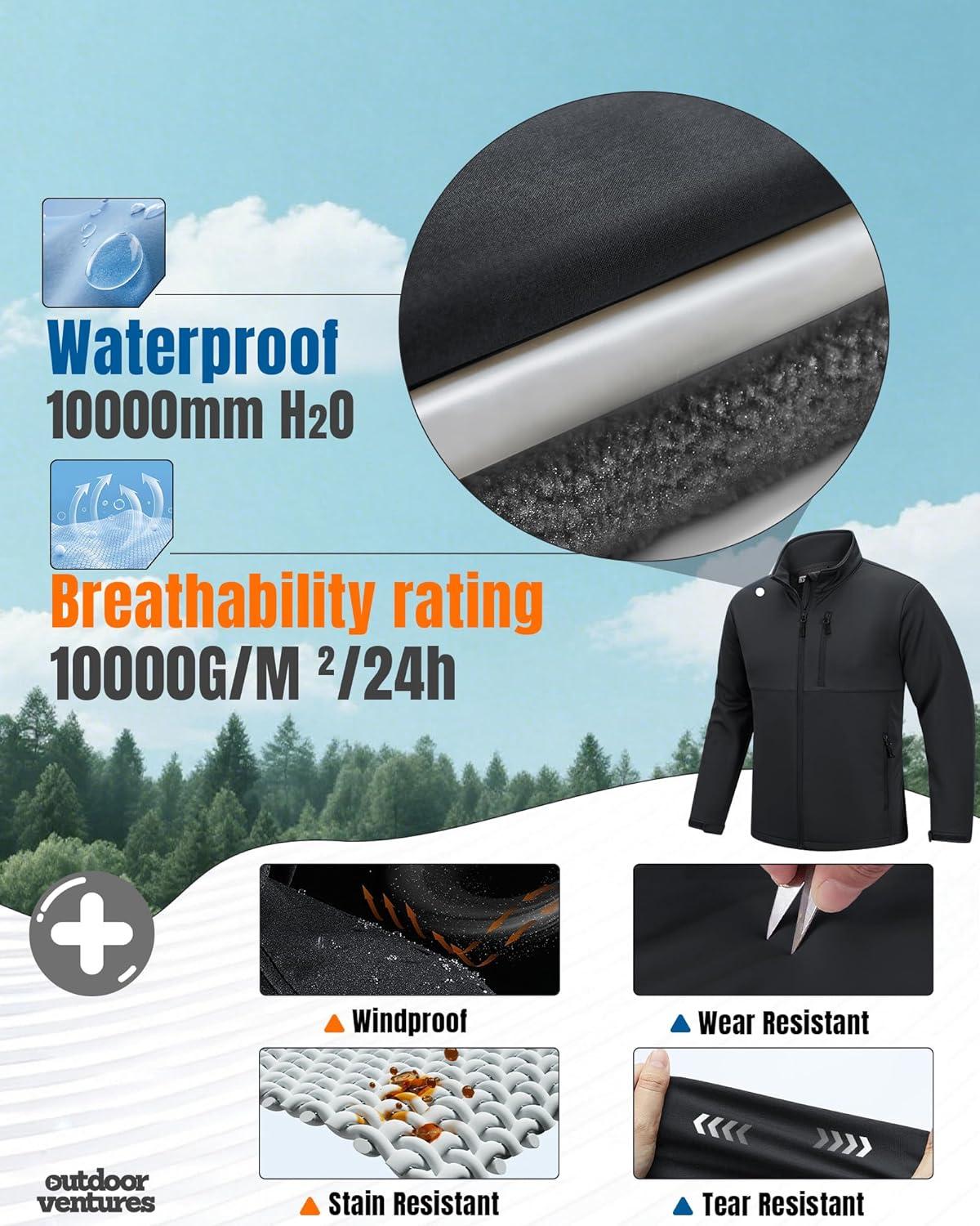 imageOutdoor Ventures Mens Softshell Jacket Waterproof Fleece Lined Rain Shell Jacket Lightweight Windbreaker for Hiking TravelGrey