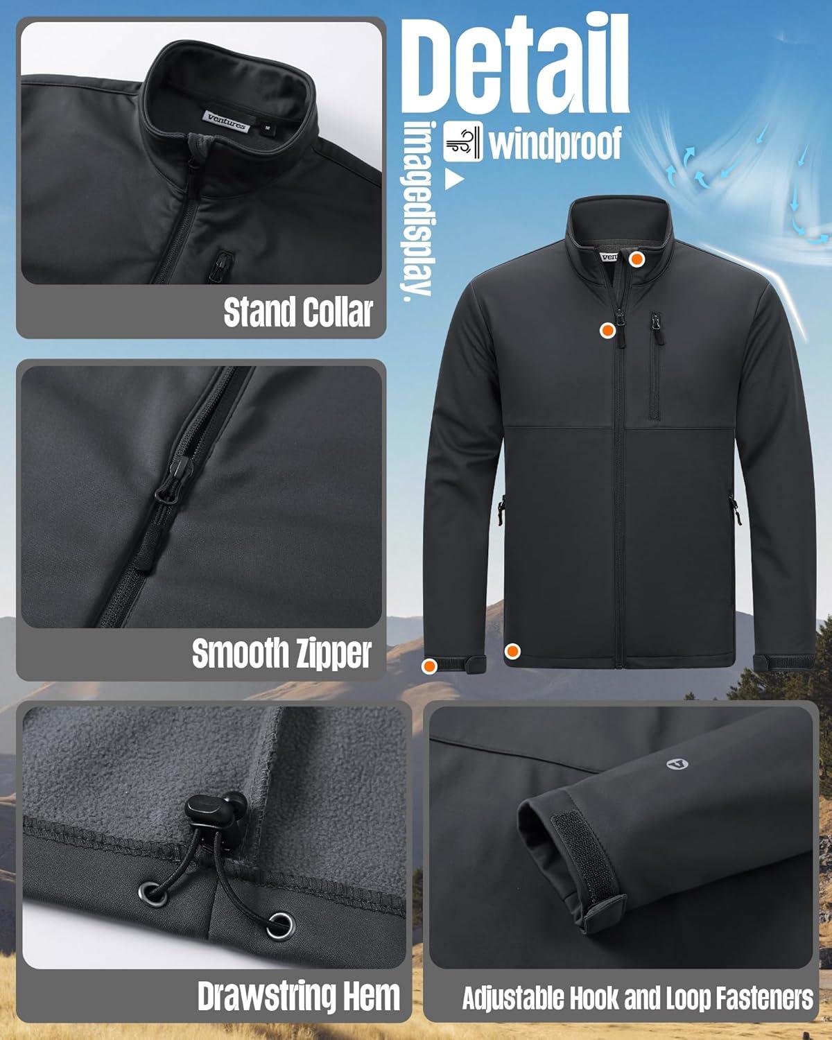 imageOutdoor Ventures Mens Softshell Jacket Waterproof Fleece Lined Rain Shell Jacket Lightweight Windbreaker for Hiking TravelGrey