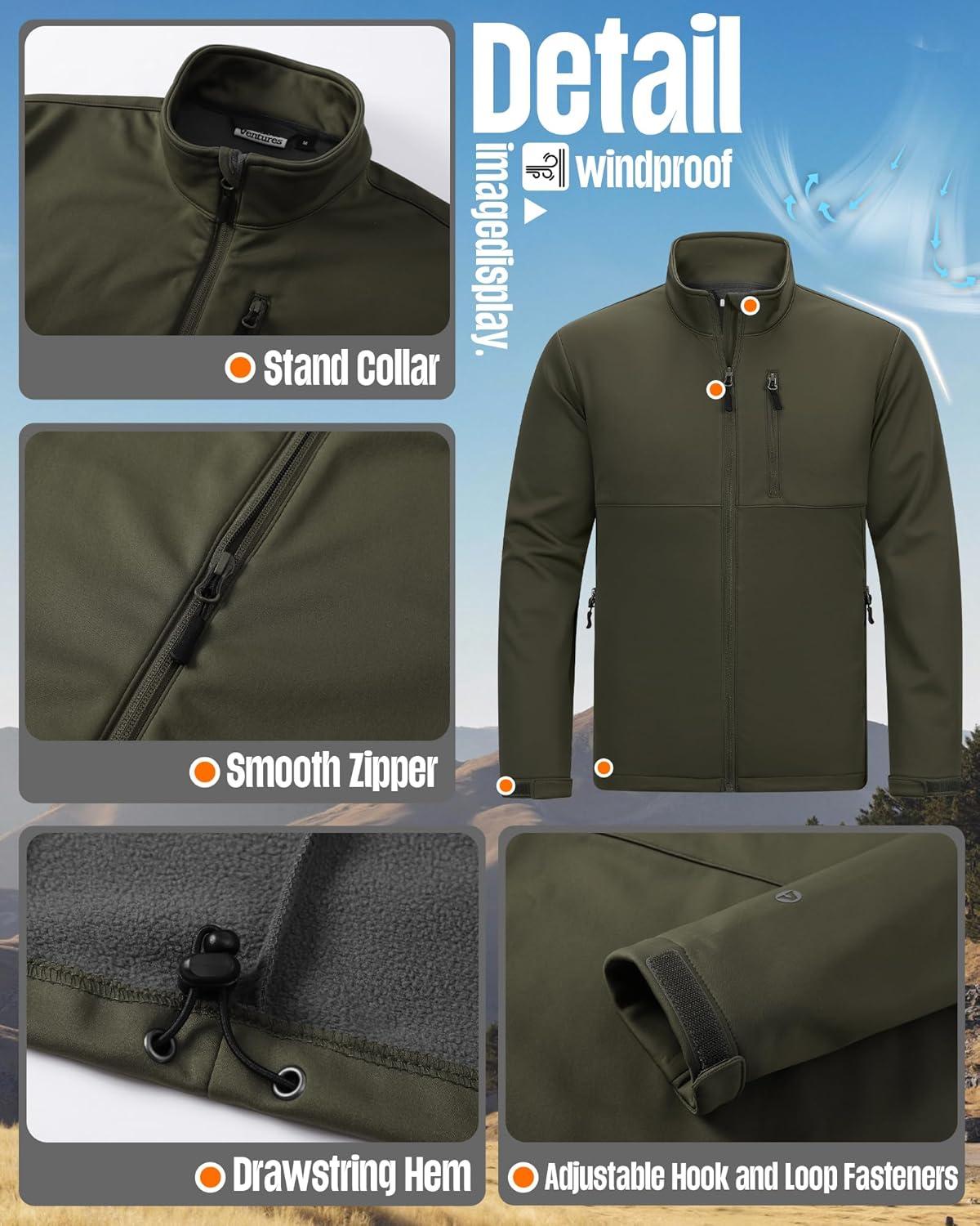 imageOutdoor Ventures Mens Softshell Jacket Waterproof Fleece Lined Rain Shell Jacket Lightweight Windbreaker for Hiking TravelOlive