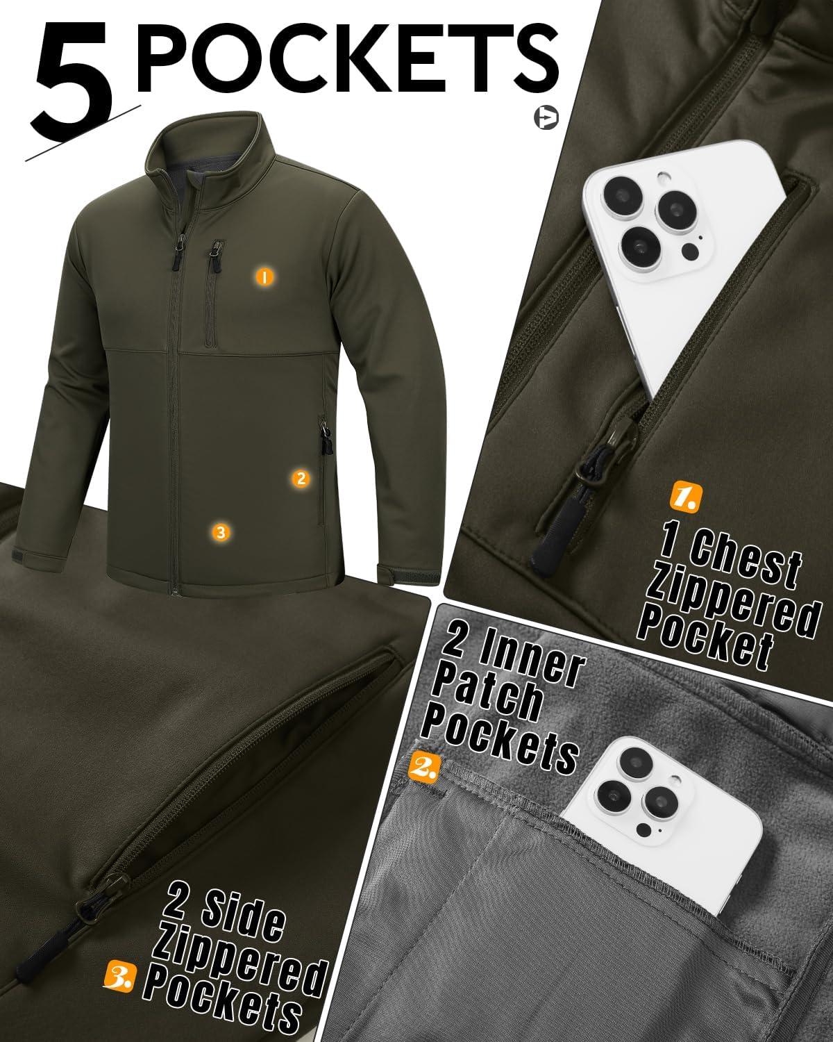 imageOutdoor Ventures Mens Softshell Jacket Waterproof Fleece Lined Rain Shell Jacket Lightweight Windbreaker for Hiking TravelOlive