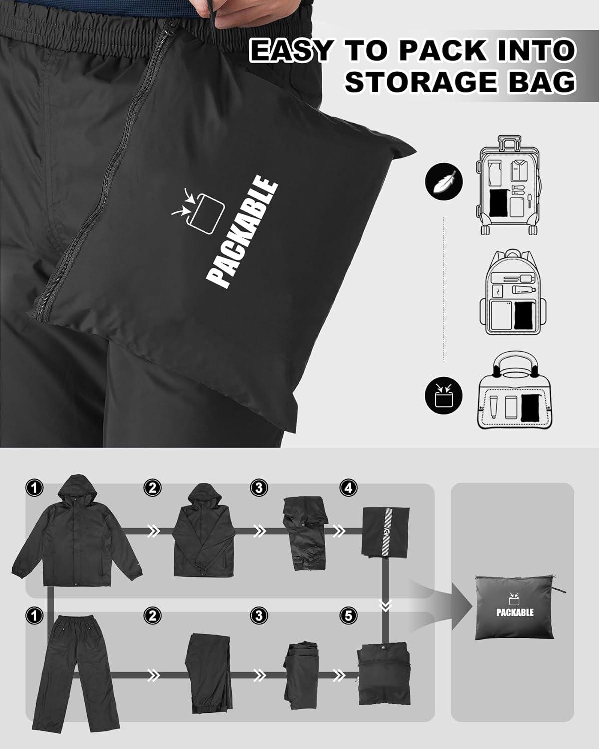 imageOutdoor Ventures Packable Rain Suit for Men Lightweight Waterproof Breathable Rain Gear for golf Rain Jacket PantsBlack