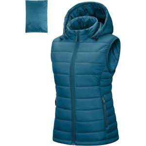 imageOutdoor Ventures Womens Lightweight Packable Hooded Puffer Vest Outerwear Zip Up Warm Sleeveless Winter Jacket Quilted CoatModern Blue